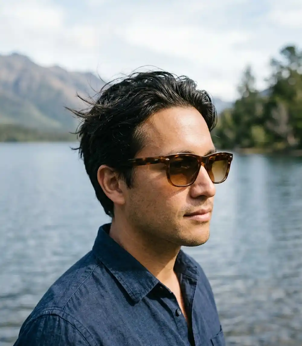 Man with a round face wearing rectangular sunglasses outdoors.