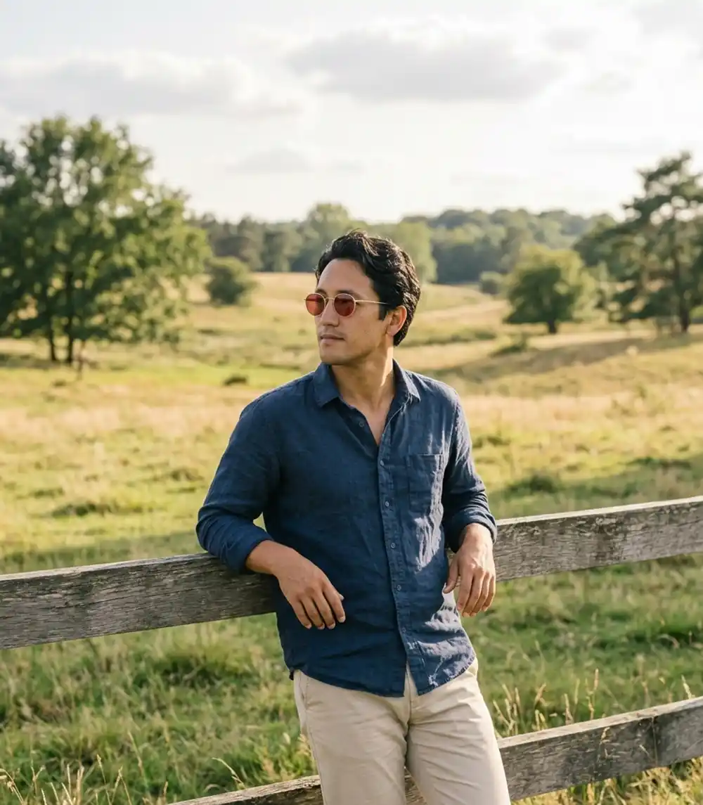 Man wearing round metal sunglasses while leaning against a fence in a meadow.