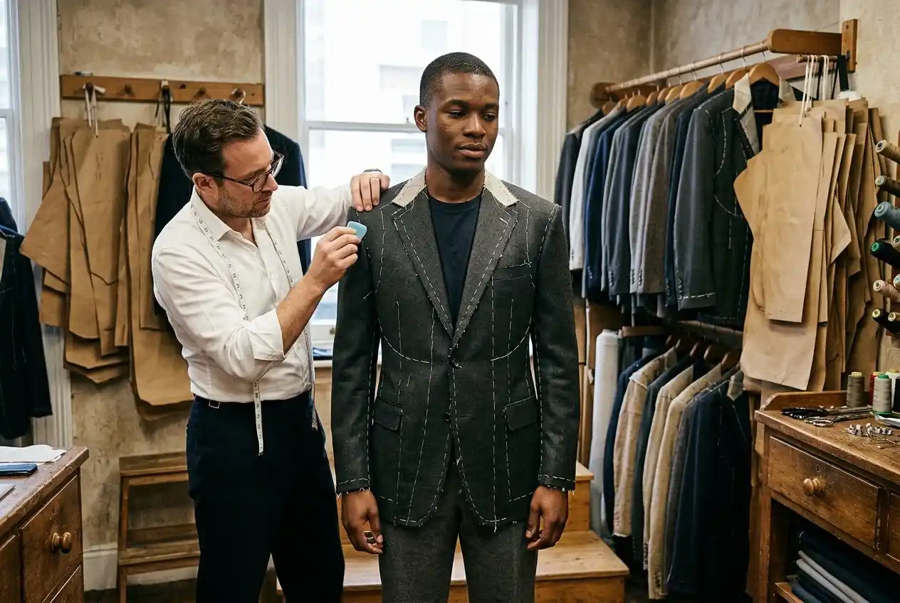 Man wearing an unfinished charcoal bespoke jacket while a tailor examines the fit during a fitting in London.