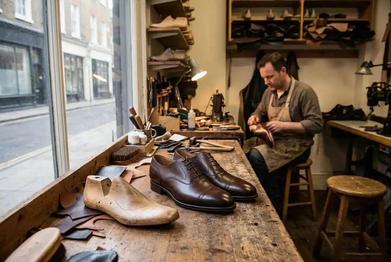 Handmade brown bespoke shoes and a carved wooden shoe last on a workbench in a London shoemaker’s workshop.