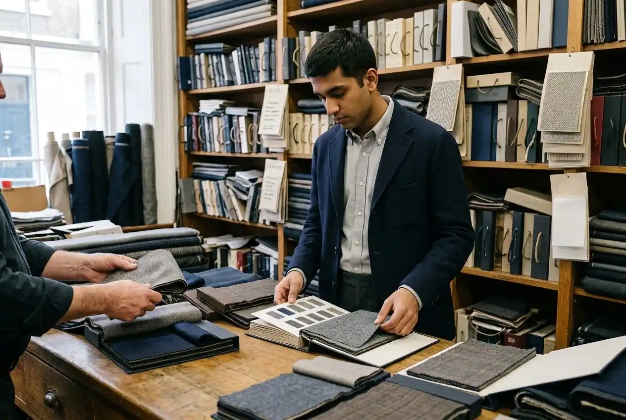Man examining wool fabric swatches inside a traditional London cloth merchant’s showroom.