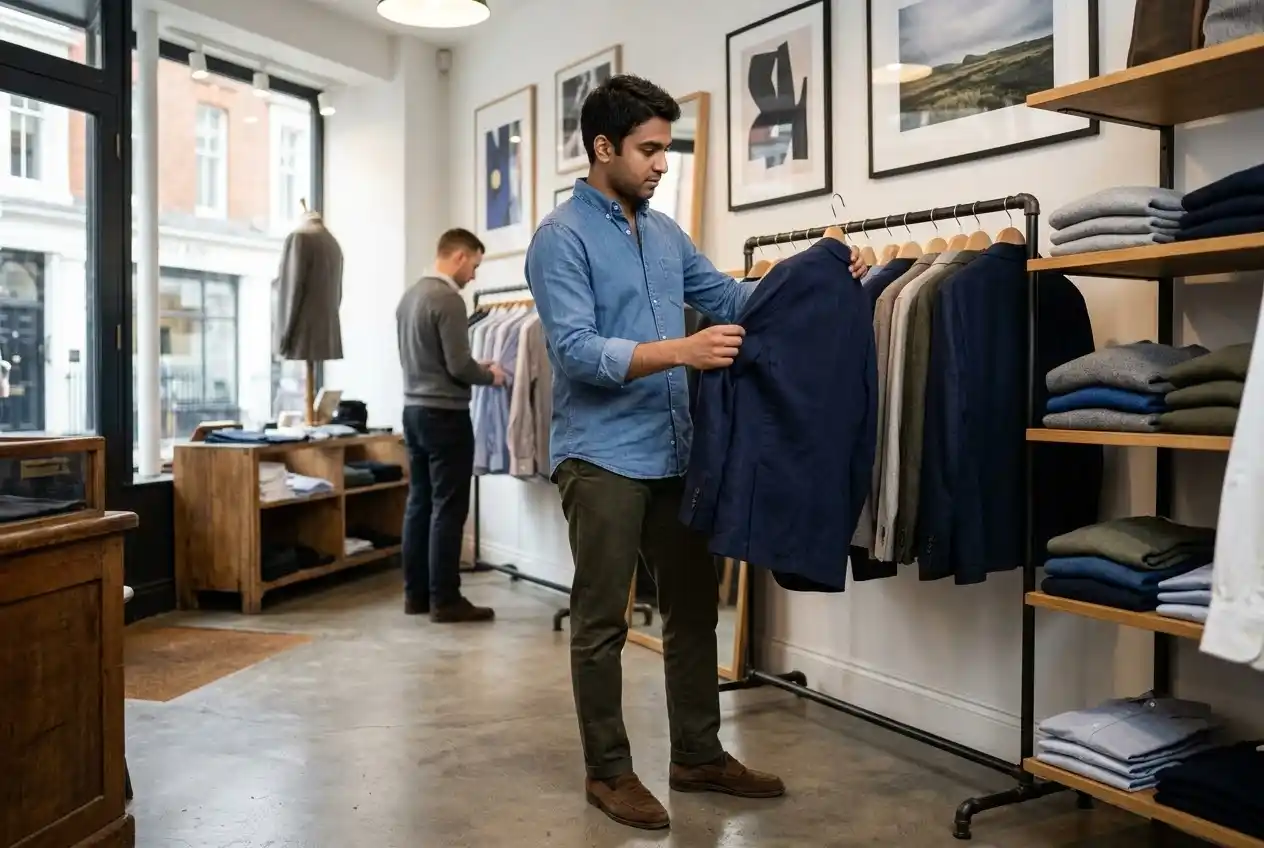Man examining a contemporary jacket inside a modern menswear shop on Savile Row.