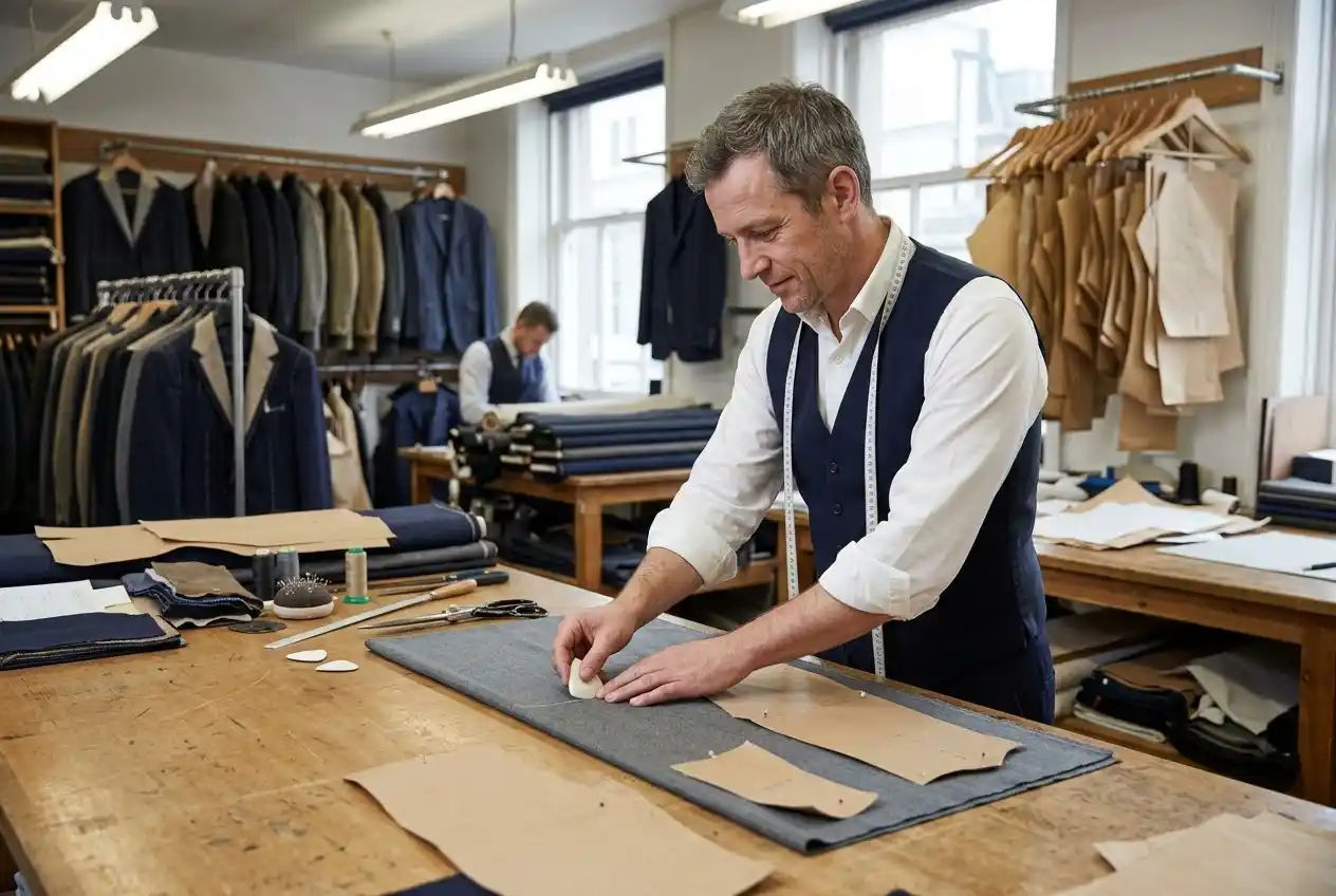Tailor marking grey wool cloth with chalk on a cutting table inside a traditional London tailoring workroom.