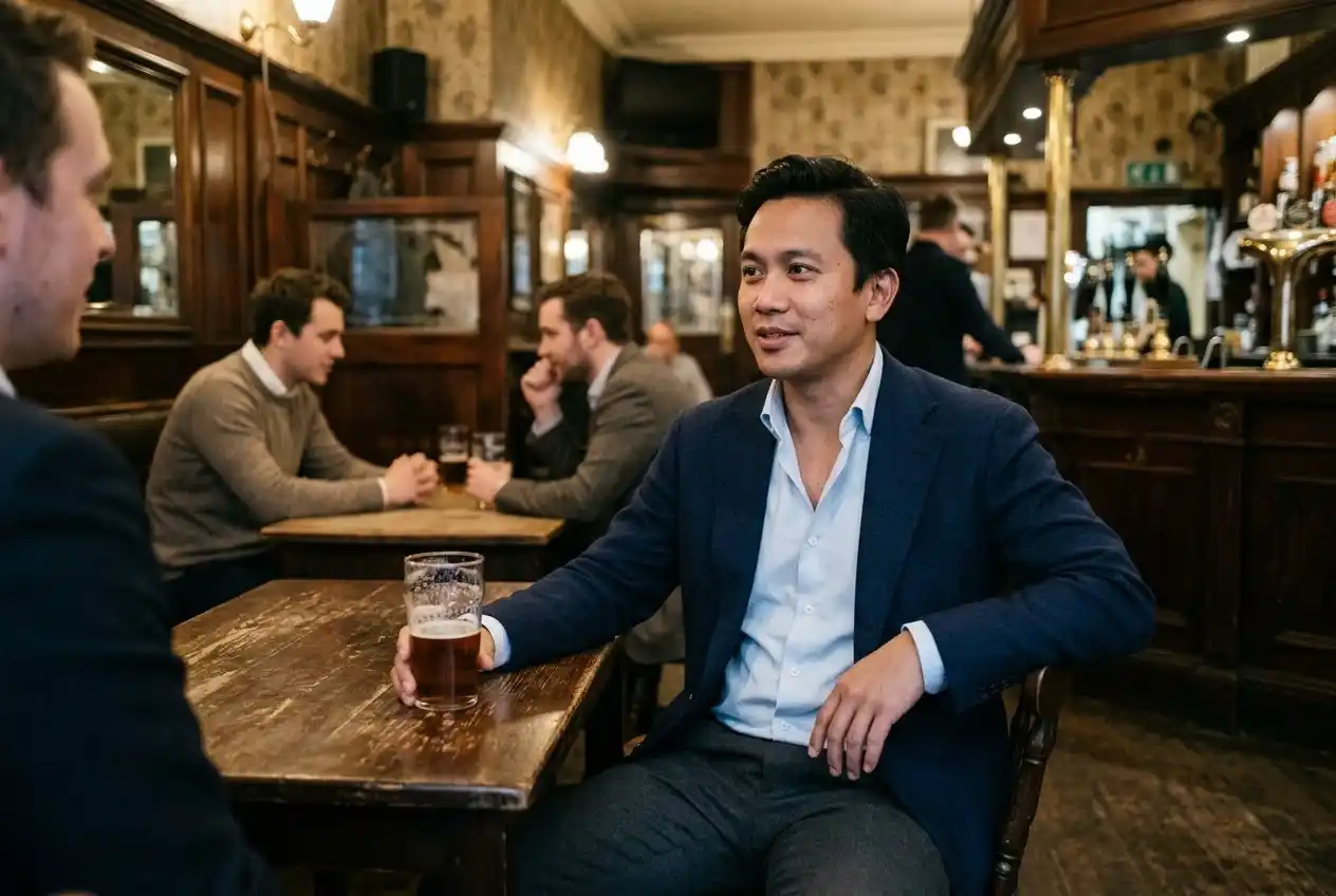 Man relaxing with a pint inside a traditional London pub near Savile Row after work.