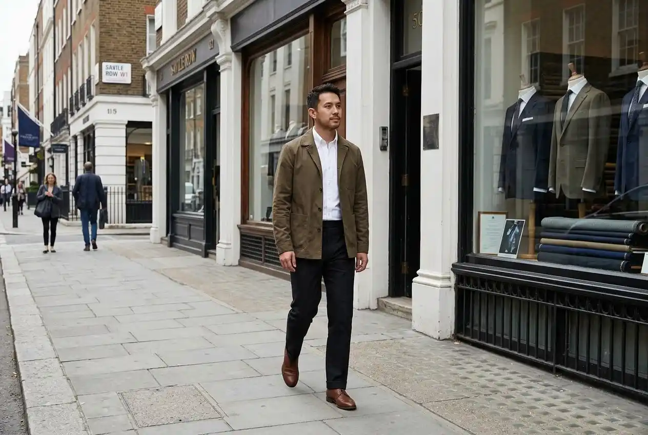 Man walking past traditional tailoring shops on Savile Row in London.