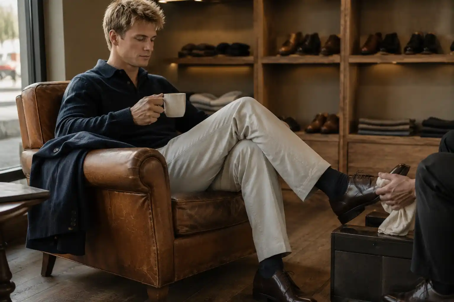 Man enjoying a coffee while his leather Oxford shoes are polished inside an independent menswear boutique.