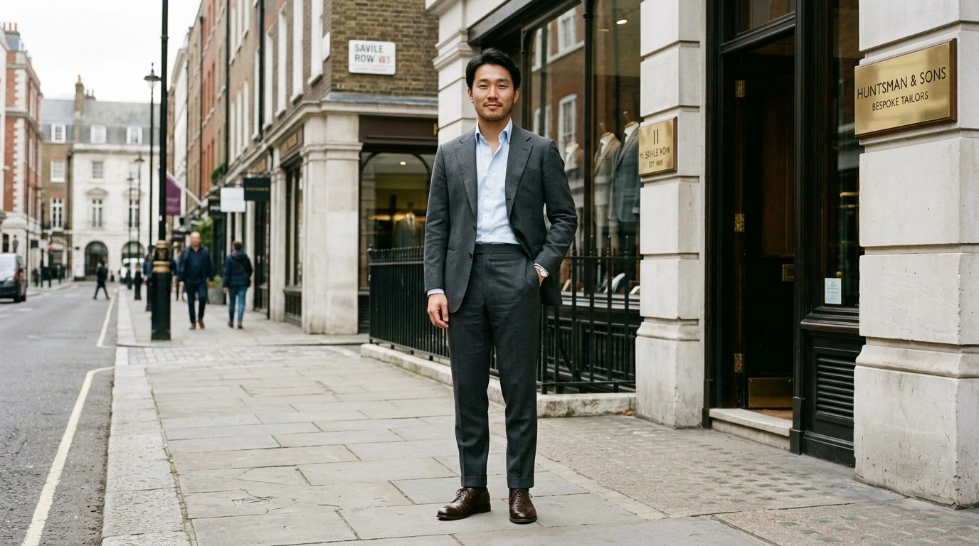 Man in an understated charcoal suit standing outside a traditional tailoring shop on Savile Row in London.