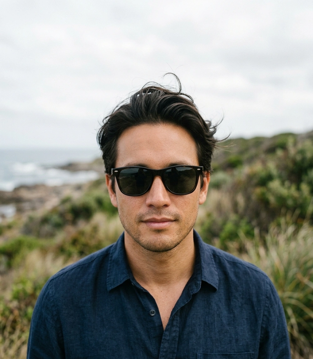 Man wearing classic dark sunglasses outdoors in a coastal natural setting.