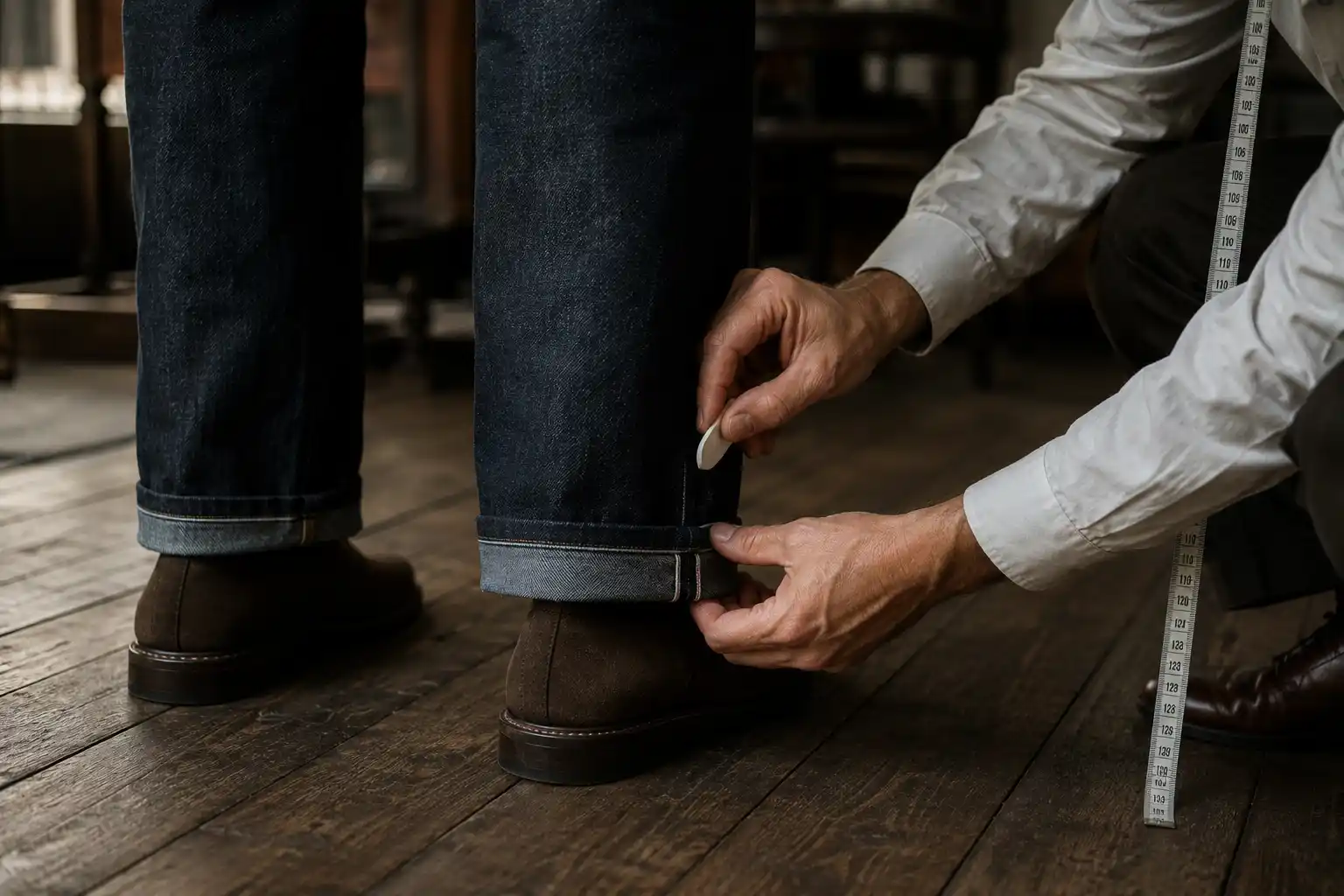 Tailor marking the hem of selvedge jeans before alteration.