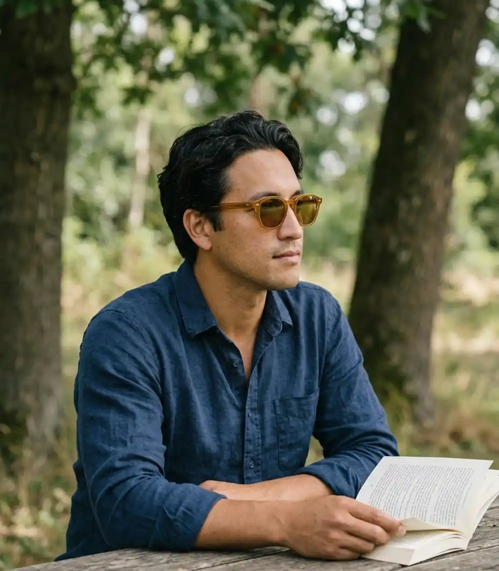 Man wearing classic acetate sunglasses while reading outdoors at a wooden table.