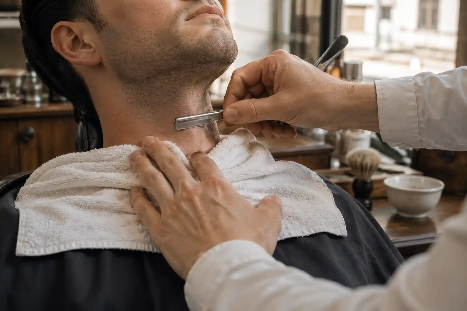 Traditional barber giving a straight-razor neckline finish.