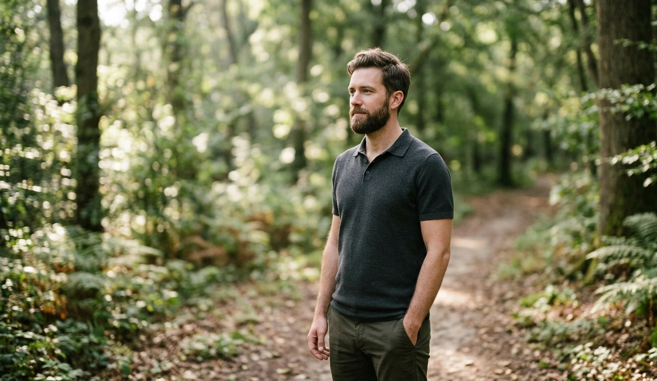 Well-groomed man standing outdoors in natural light with attention to subtle grooming details.